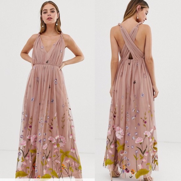 asos design tulle maxi dress with delicate floral embroidery and twist straps